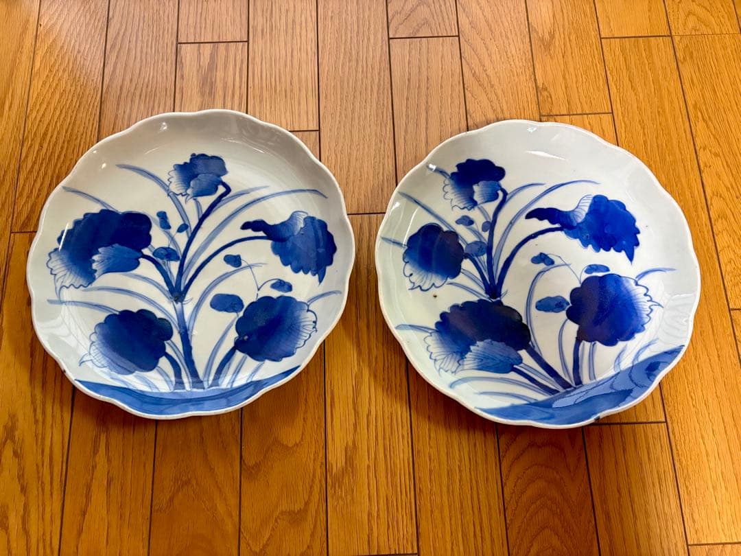 骨董品　江戸時代　古伊万里　 染付大皿　牡丹、秋海堂　3枚