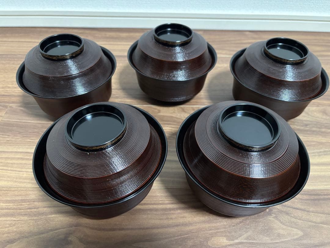 漆器 煮物椀5個セット　松葉蒔絵　溜塗欅　線筋