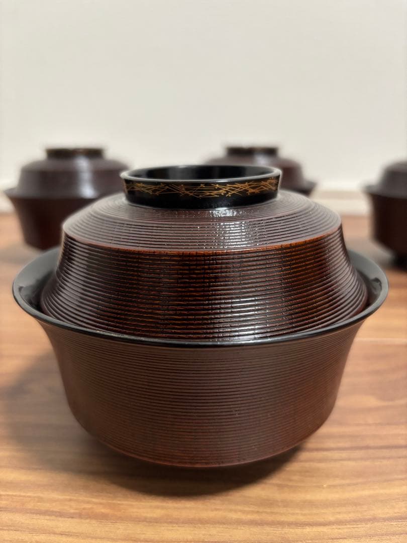 漆器 煮物椀5個セット　松葉蒔絵　溜塗欅　線筋