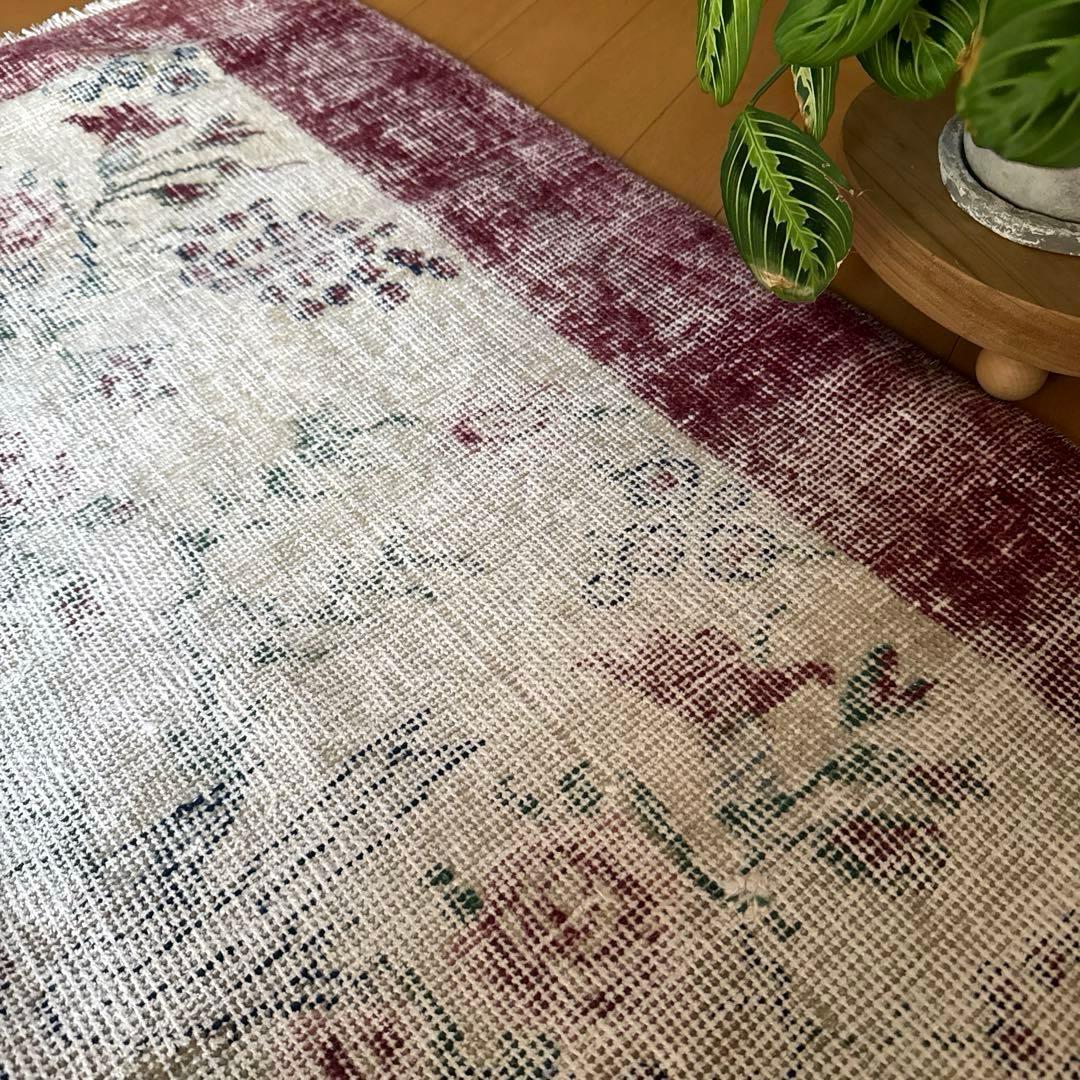 111×207 擦れシャビー　幸せな青い鳥　トルコヴィンテージラグ