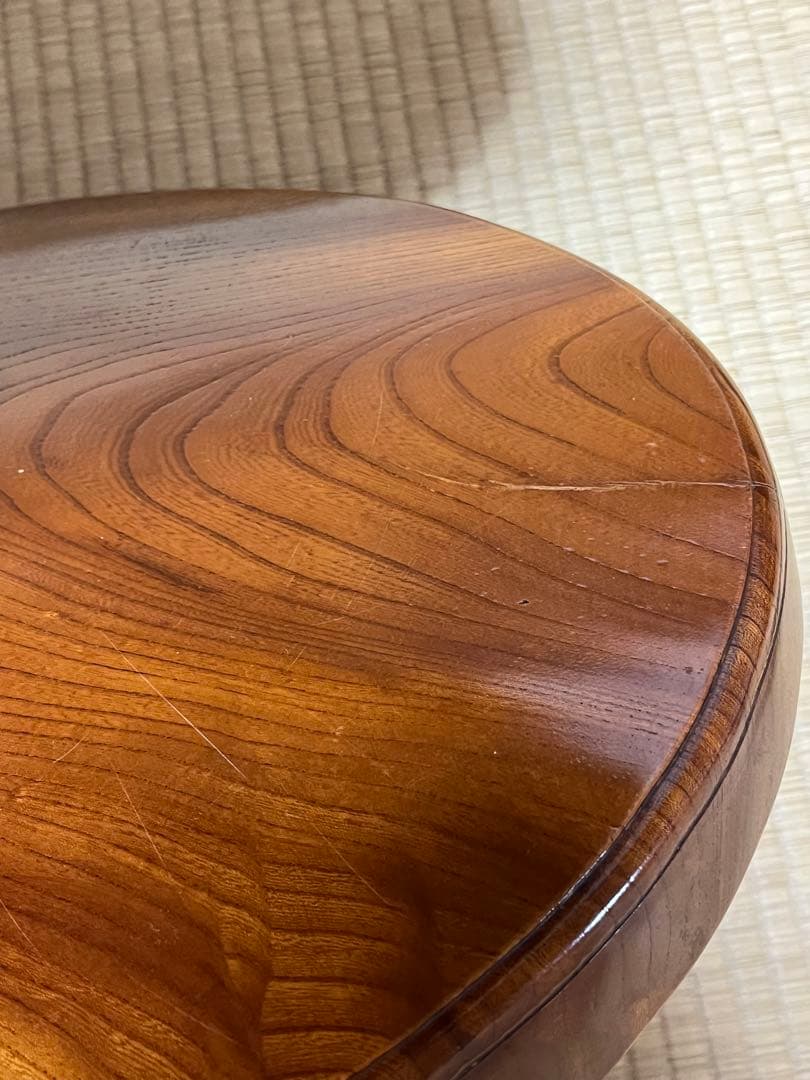 木製二段式円形テーブル　回転　けやき　昭和レトロ　サイドテーブル