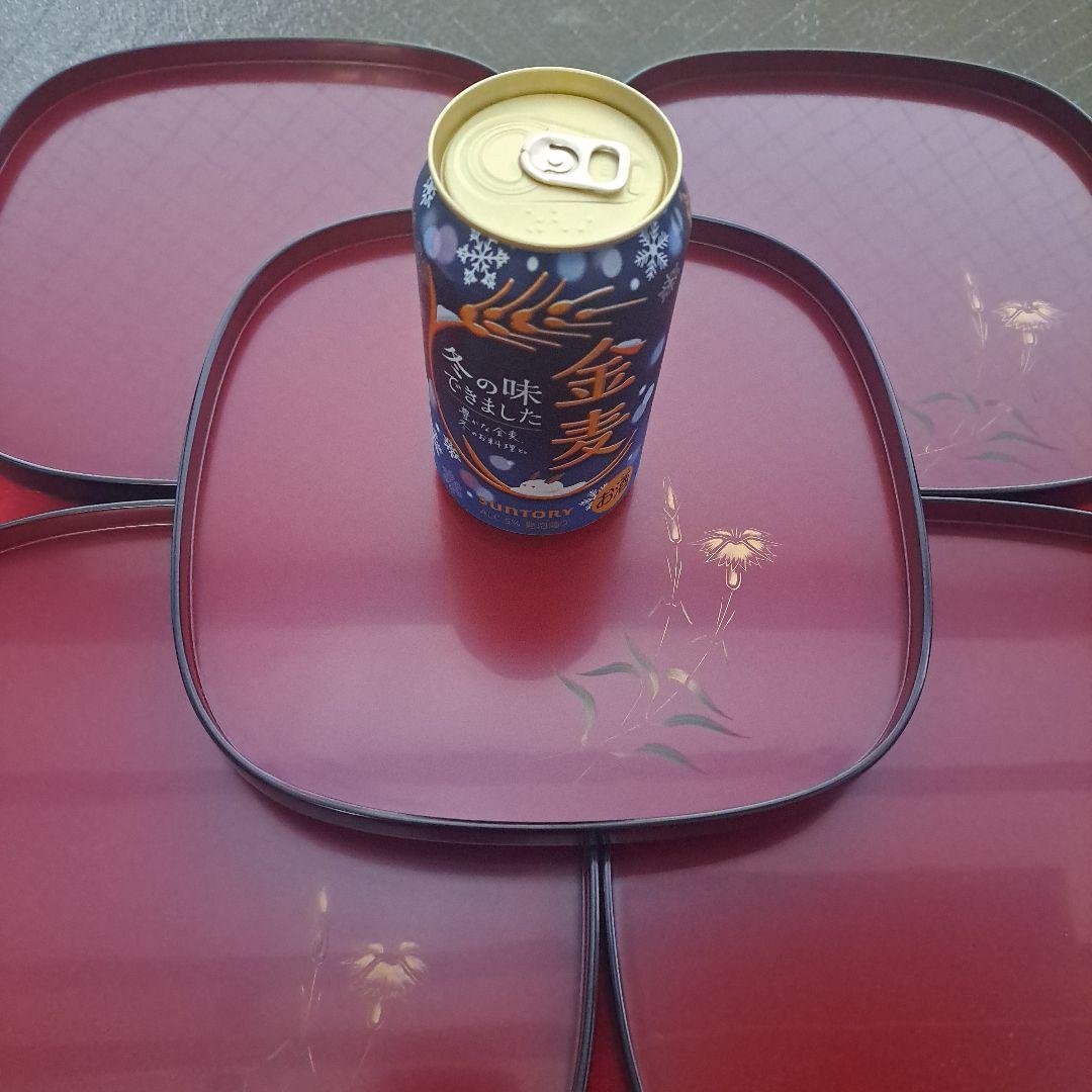 【輪島塗　7.5寸\"轡型\"大皿×5客】布着本堅地　撫子\"沈金　未使用品