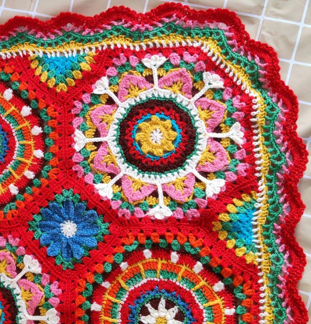C426　手編みマルチカバー　ブランケット　モチーフ編み　大判　曼陀羅クロッシェ