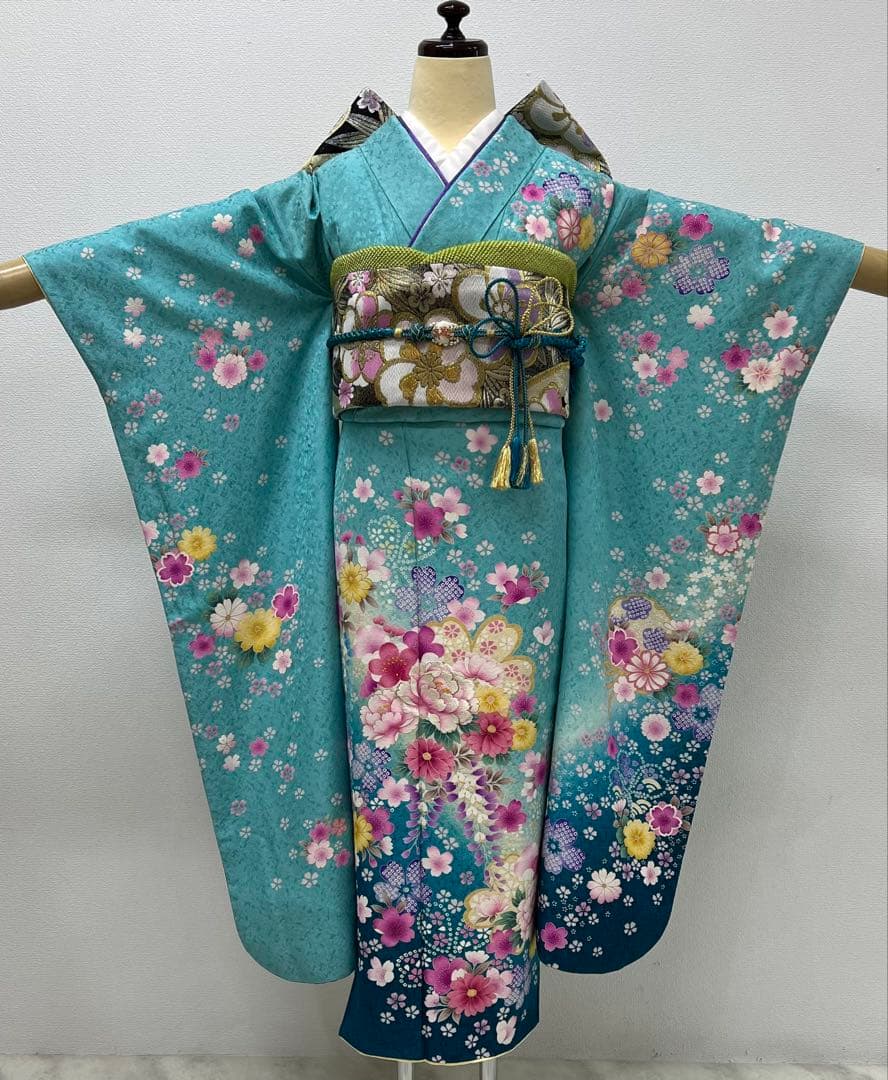 振り袖　フルセット　長襦袢付　ブルー　成人式　金彩加工　刺繍入り　銀通し　754