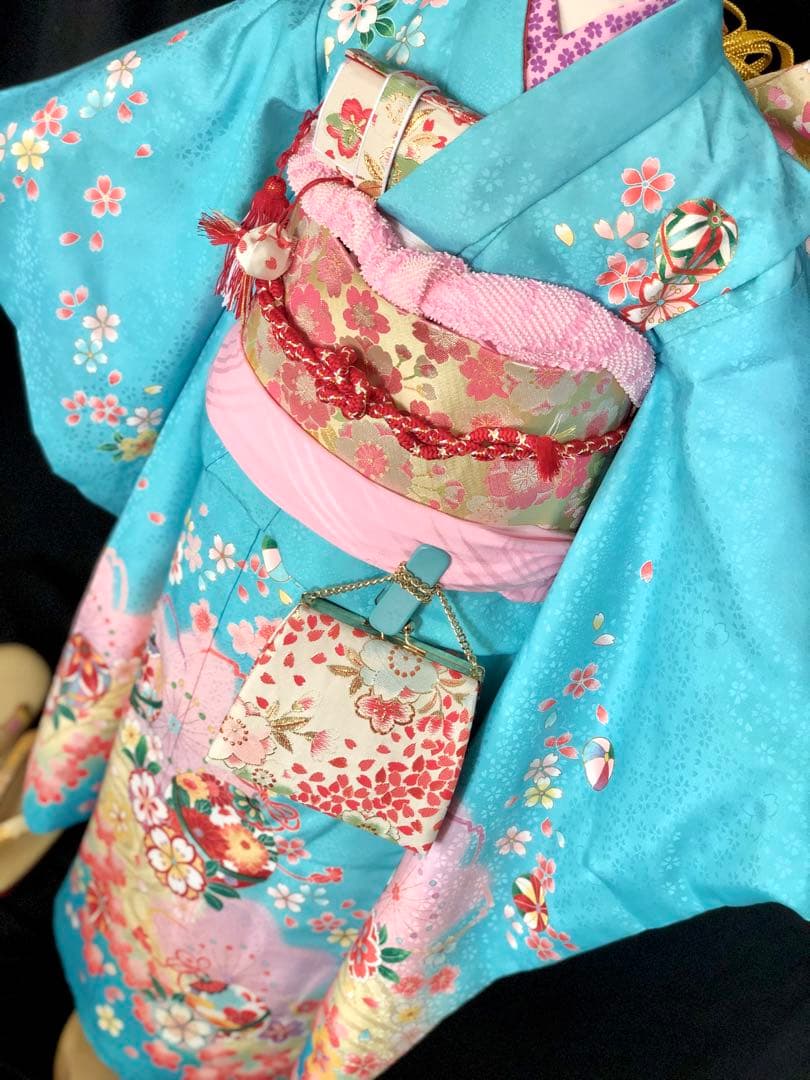 七五三　7歳　女の子　水色　桜　四つ身　着物　作り帯　セット　753 七歳　7才