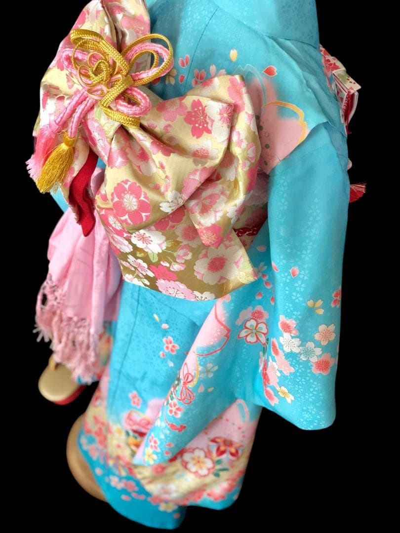 七五三　7歳　女の子　水色　桜　四つ身　着物　作り帯　セット　753 七歳　7才