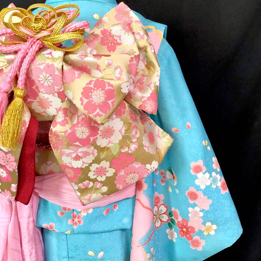七五三　7歳　女の子　水色　桜　四つ身　着物　作り帯　セット　753 七歳　7才