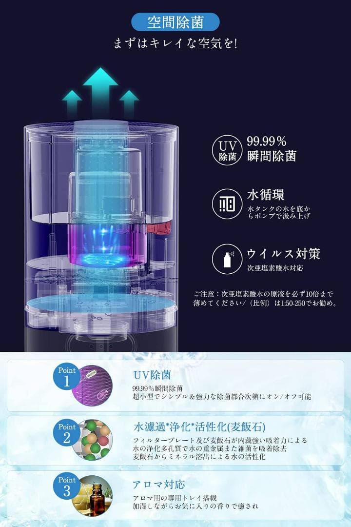 大容量8L タワー式超音波加湿器