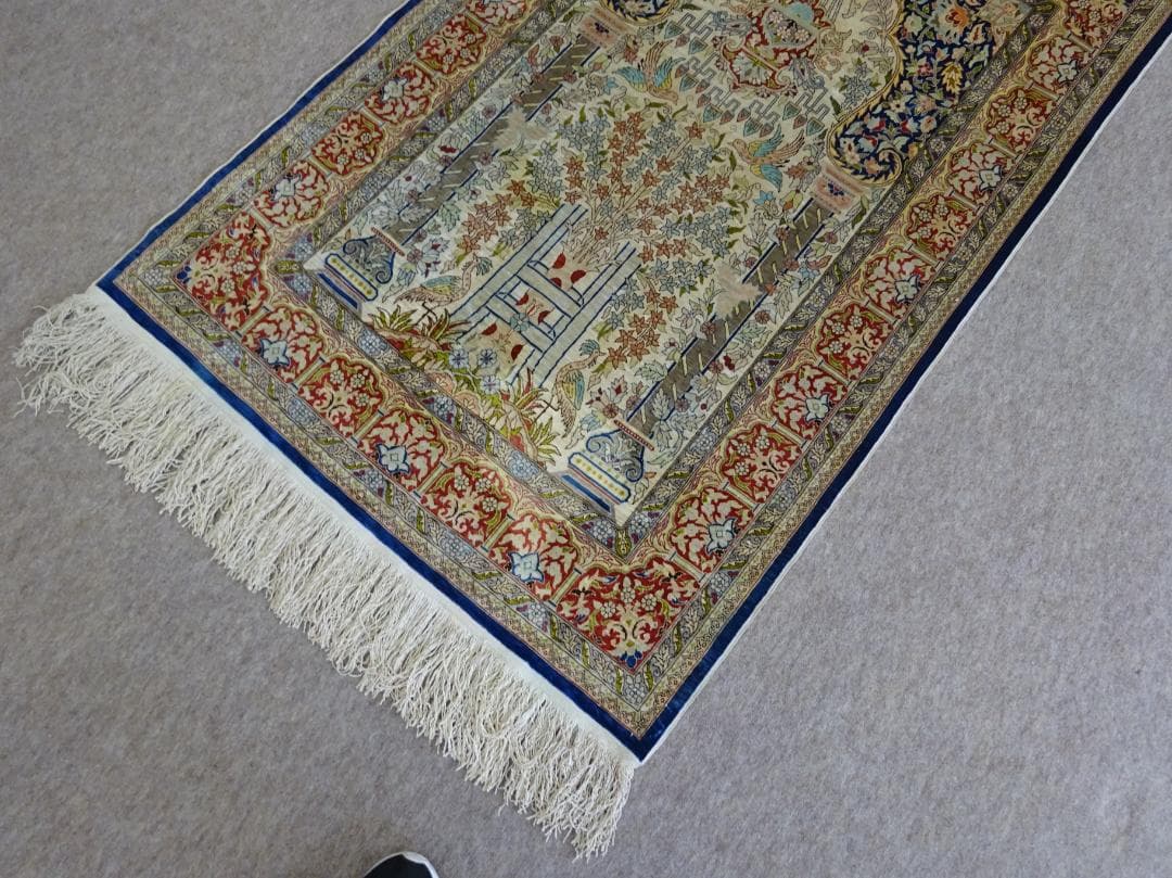 トルコ　ヘレケ　シルク　ペルシャ絨毯　工房サイン　アクセントラグ　美品