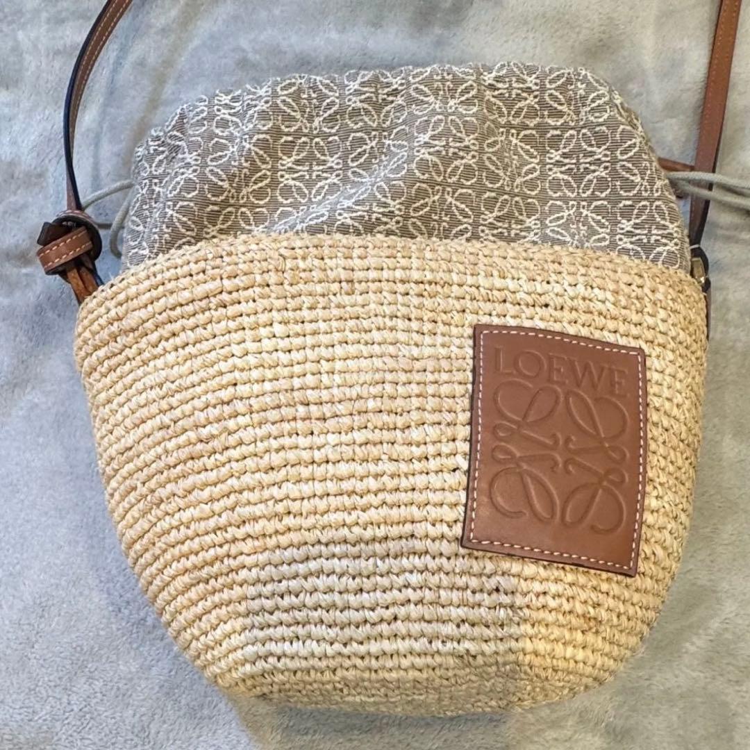 【良品】ロエベ ポシェットバッグ（ラフィア＆カーフ）かごショルダーバッグ