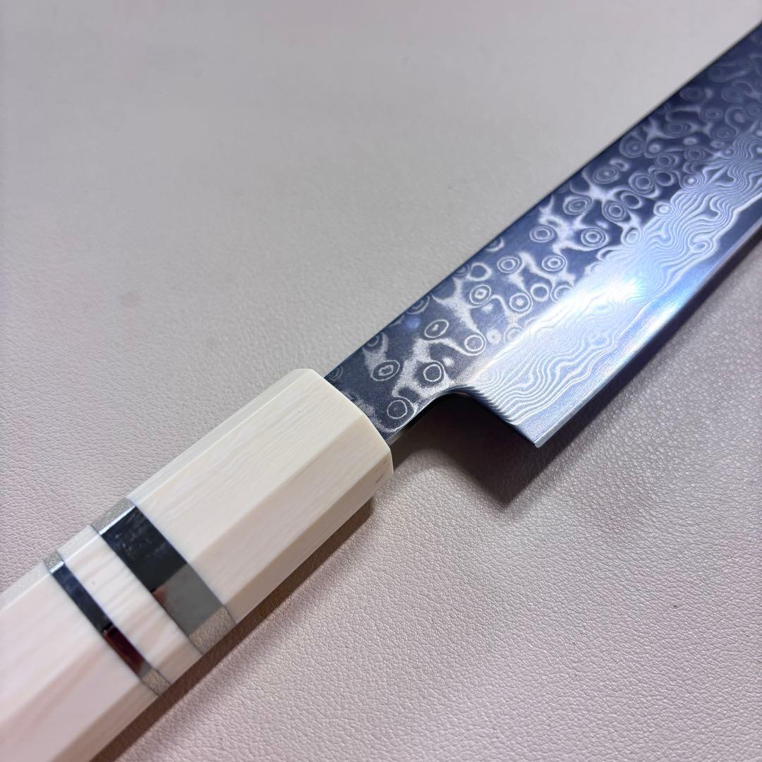 尺300mm 柳刃包丁 墨流しダマスカス　人工象牙八角柄 和包丁 白~