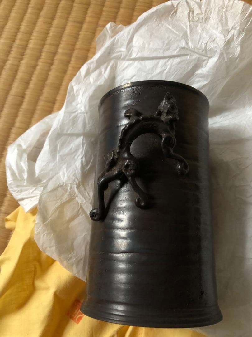 鋳銅　雨龍紋　筆筒　須賀月真氏作　共箱入