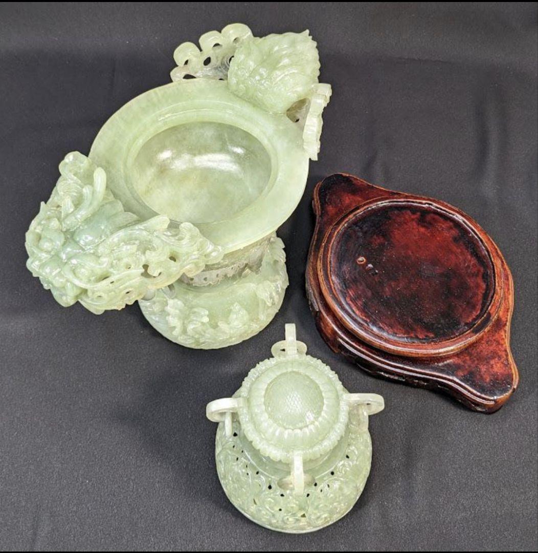 未使用　岫玉　天然石　特大香炉　遊環 龍 干支 透かし彫り 浮彫り 手彫り波唐草