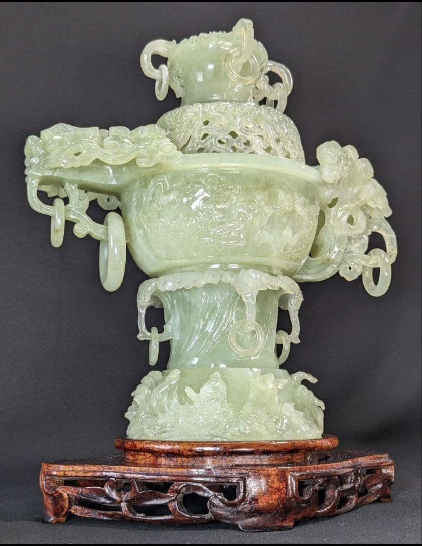 未使用　岫玉　天然石　特大香炉　遊環 龍 干支 透かし彫り 浮彫り 手彫り波唐草