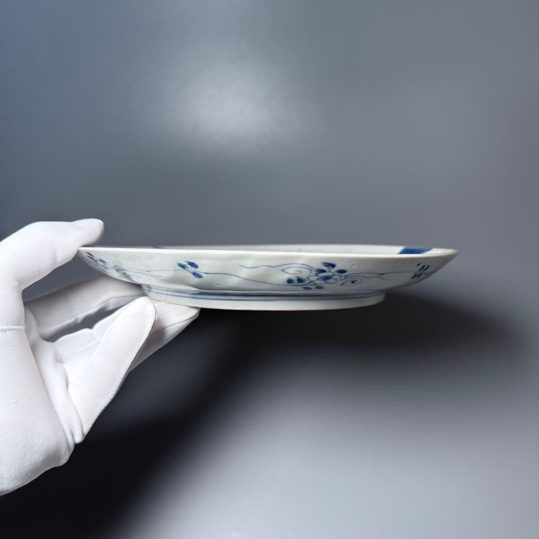 江戸中期　染付扇子文七寸皿　青海波　裏唐草文　コレクター放出品　状態◎ 寛政元禄