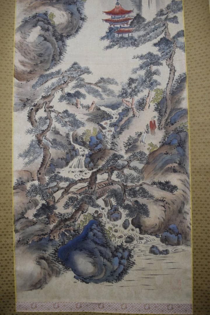 静山/塔山水人物図/掛軸☆宝船☆Y-783　JM