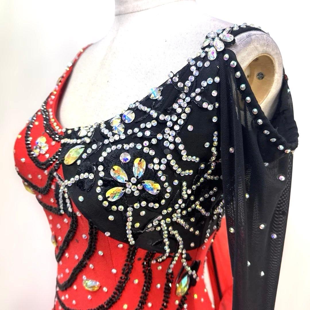 6344★M 赤 黒 多層フリル スタンダードドレス 社交ダンス