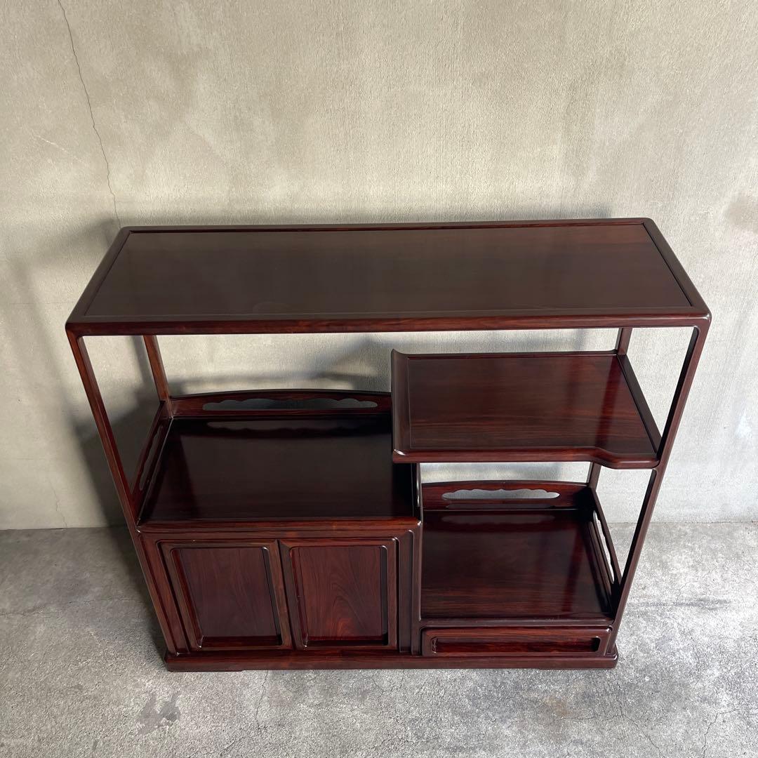 唐木指物 縞黒檀 総無垢 茶棚 煎茶棚 違い棚 飾り棚 和モダン H83cm