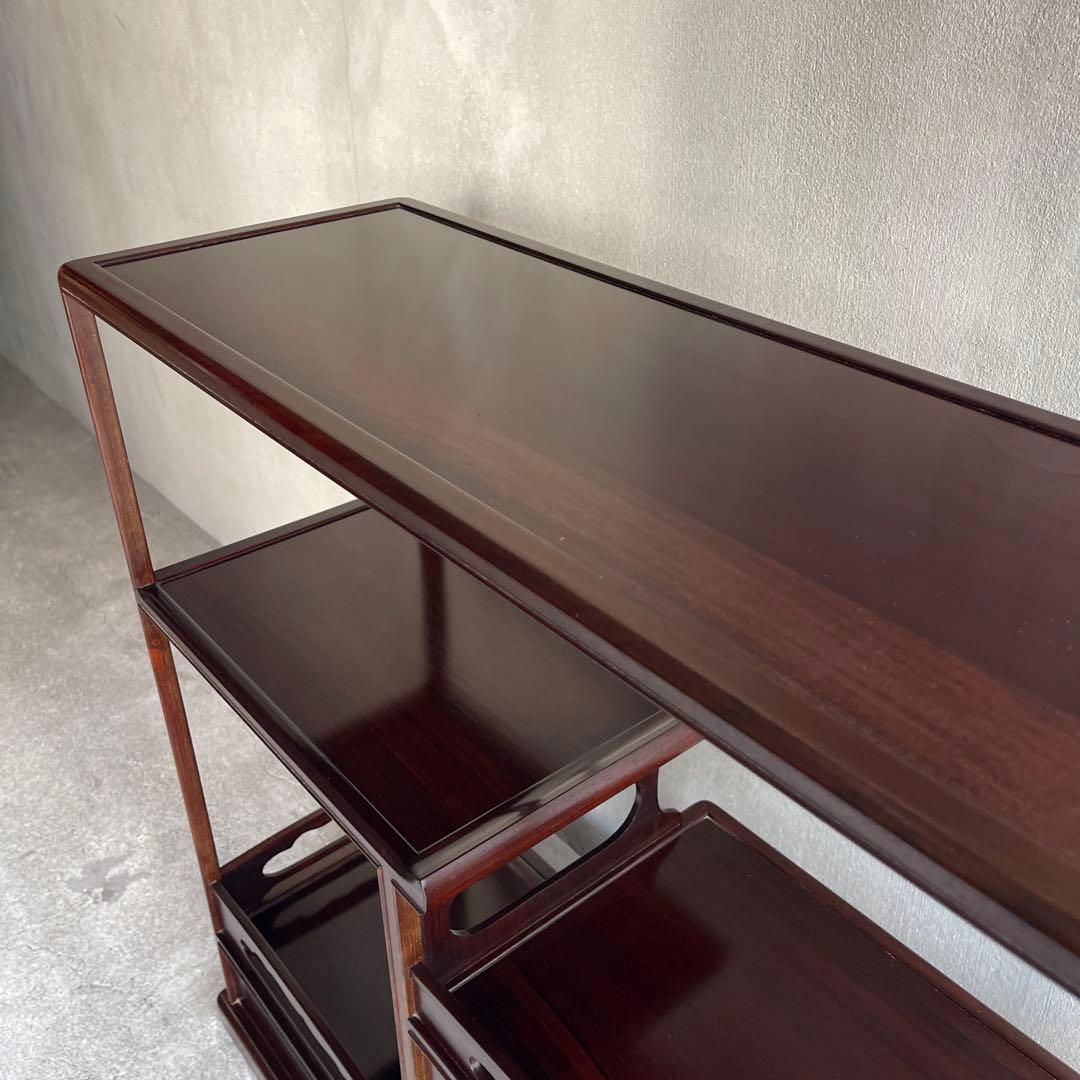 唐木指物 縞黒檀 総無垢 茶棚 煎茶棚 違い棚 飾り棚 和モダン H83cm