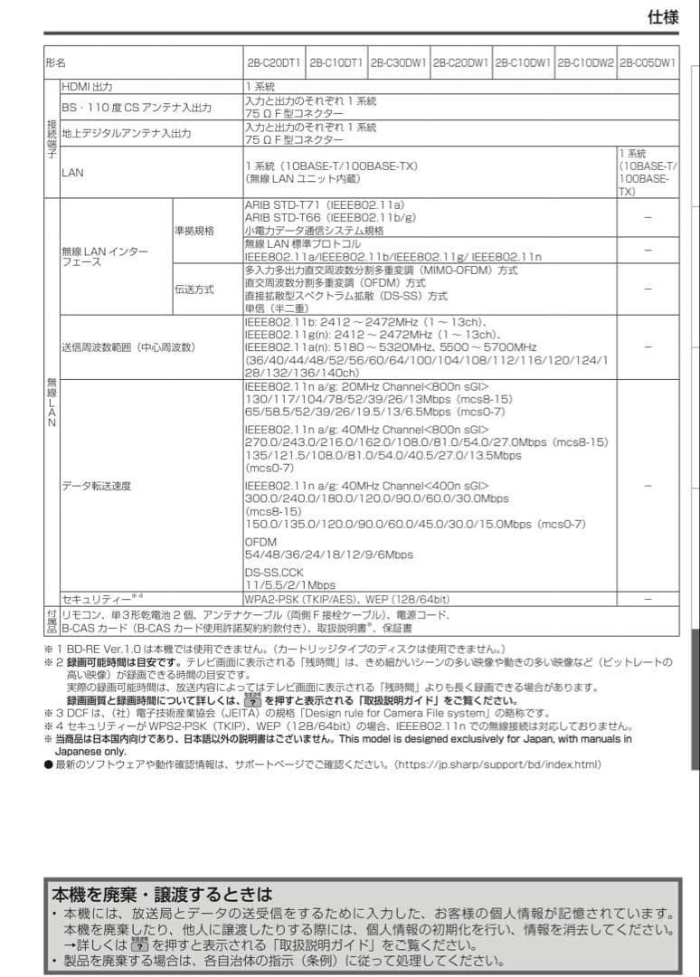 SHARP AQUOS Blu-rayレコーダー 2B-C10DW1