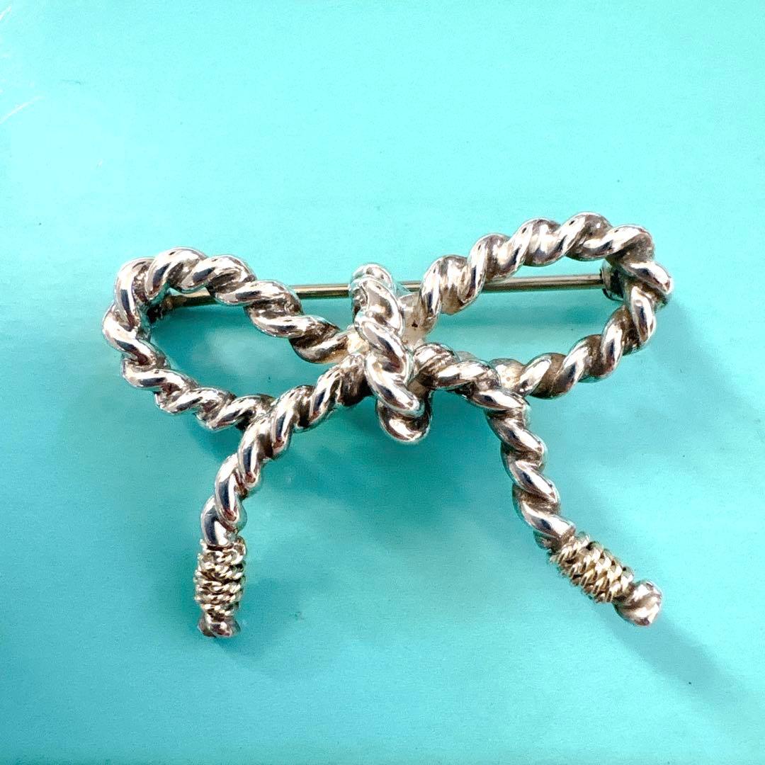 オールド ティファニー ツイストリボン コンビ ブローチ シルバー k18
