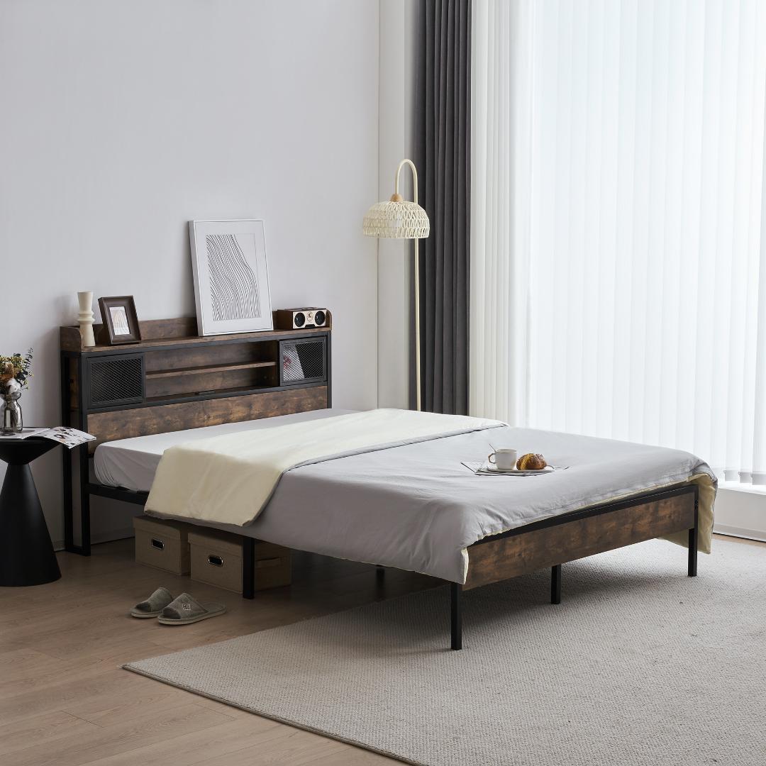 限定セール！売切ゴメンD・ダブル　高級ベッドフレーム・コンセント付き　BROWN