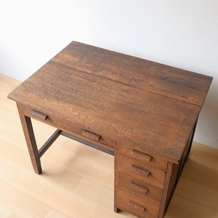アンティーク ナラ材 片袖机 レトロ 無垢材 デスク 古家具