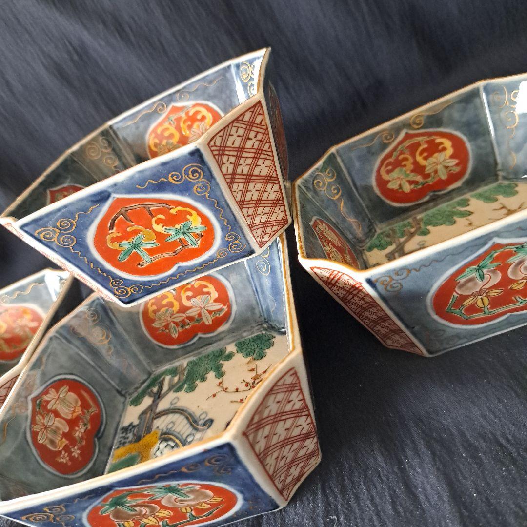 「柘榴(ざくろ)がいっぱい！」古伊万里 色絵 角向付 5客セット 骨董アンテ