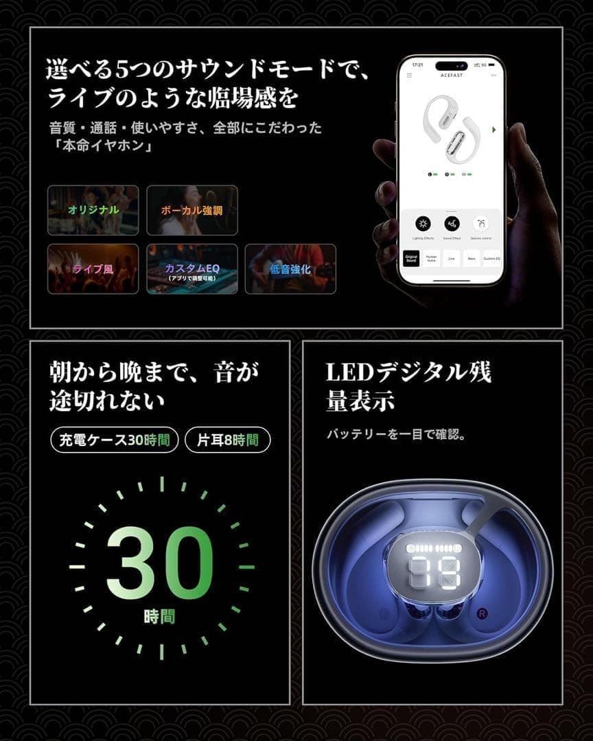 【iFデザイン賞殿堂入り】オープンイヤー イヤホン Bluetooth 5.4