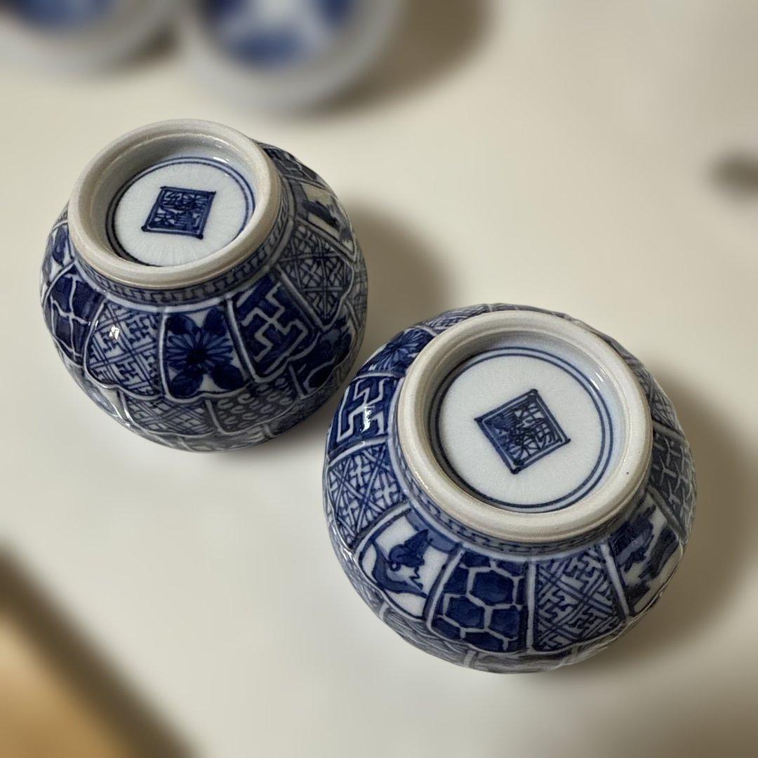 未使用 清水焼 京焼 平安壹楽造 湯呑み 蓋付 5客組 染付 茶碗 菊彫祥瑞