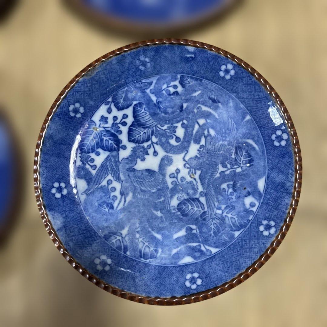 s233.伊万里染付印判、イゲ皿、青色の花と鳥模様の皿4枚セット寸法33センチ