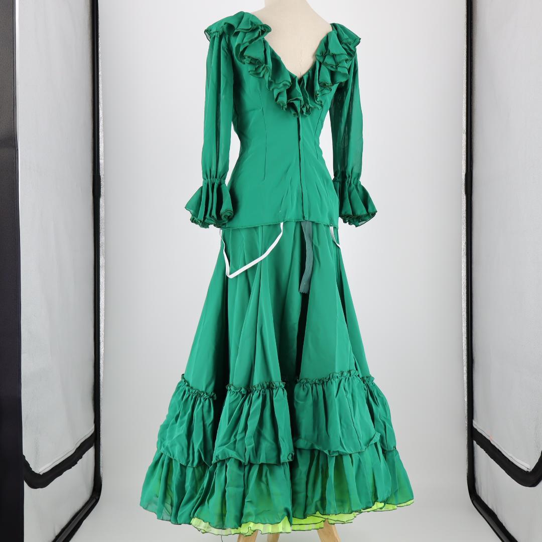 【美品 フラメンコ衣装】グリーン×イエロー×豪華フリル ブラウス ファルダ