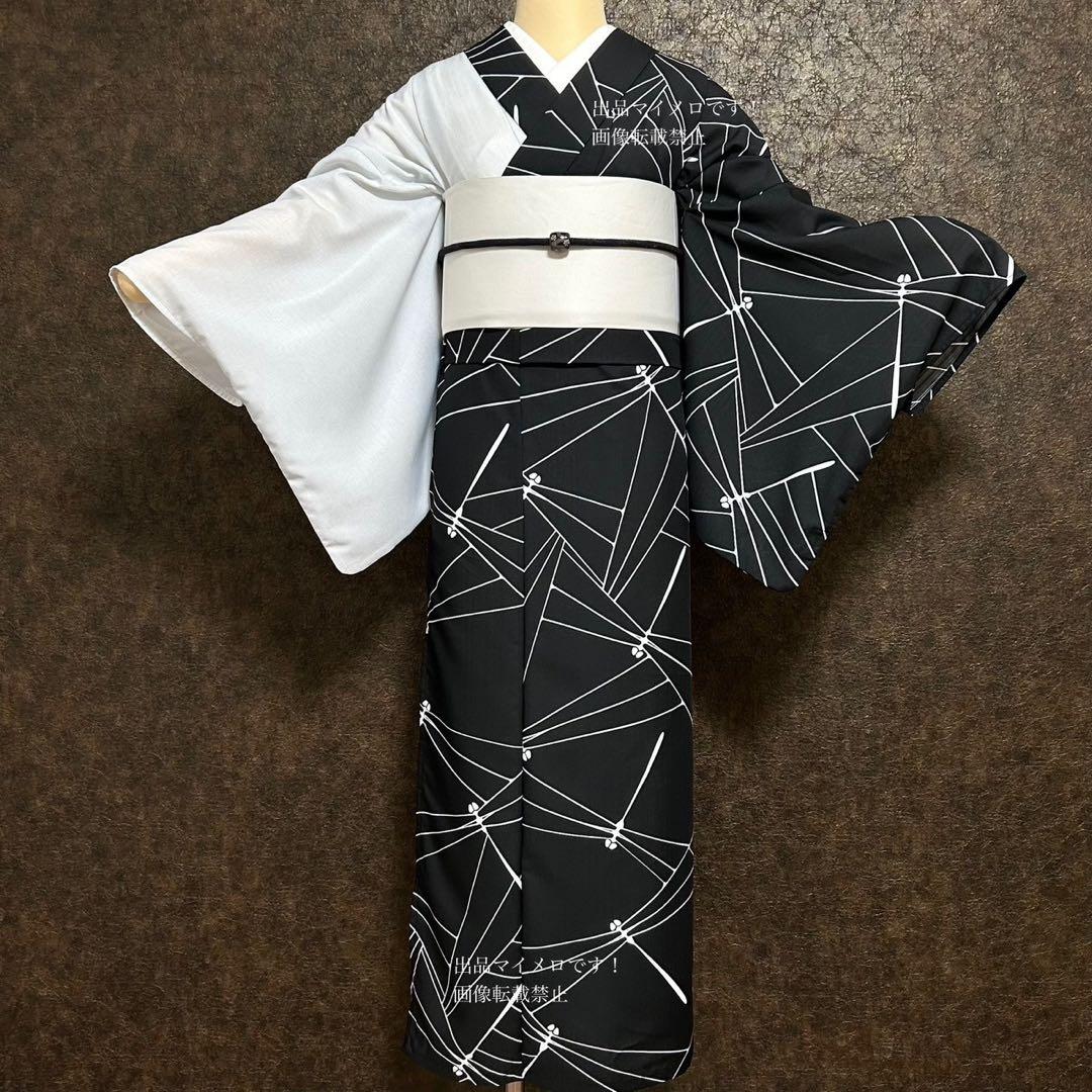 浴衣　夏　単着物　白×黒　吸湿速乾　半身仕立て　片身替わり　帯　0807⑬
