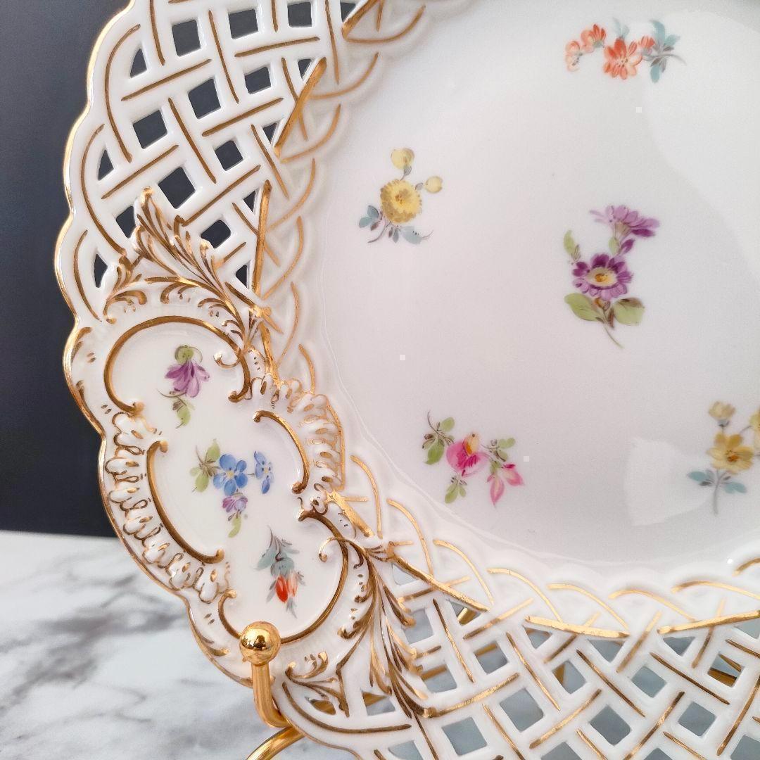 20.5㎝★マイセン 透かしプレート 美品 小花 フワラー 金彩 ピアスエッジ