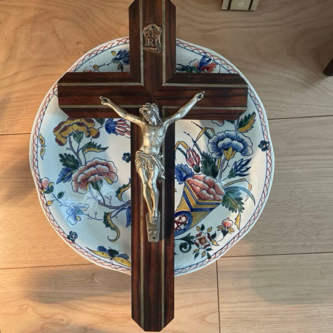 ブロカント　フランス　キリスト　磔刑　エボニー　十字架　壁掛け　真鍮　木製　黒檀