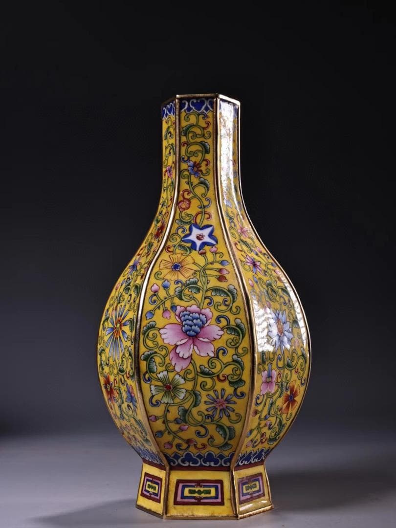 中国古美術・旧藏銅胎鎏金エナメル彩花瓶・珐琅彩・純銅・純手描き・箱付き・文房置物