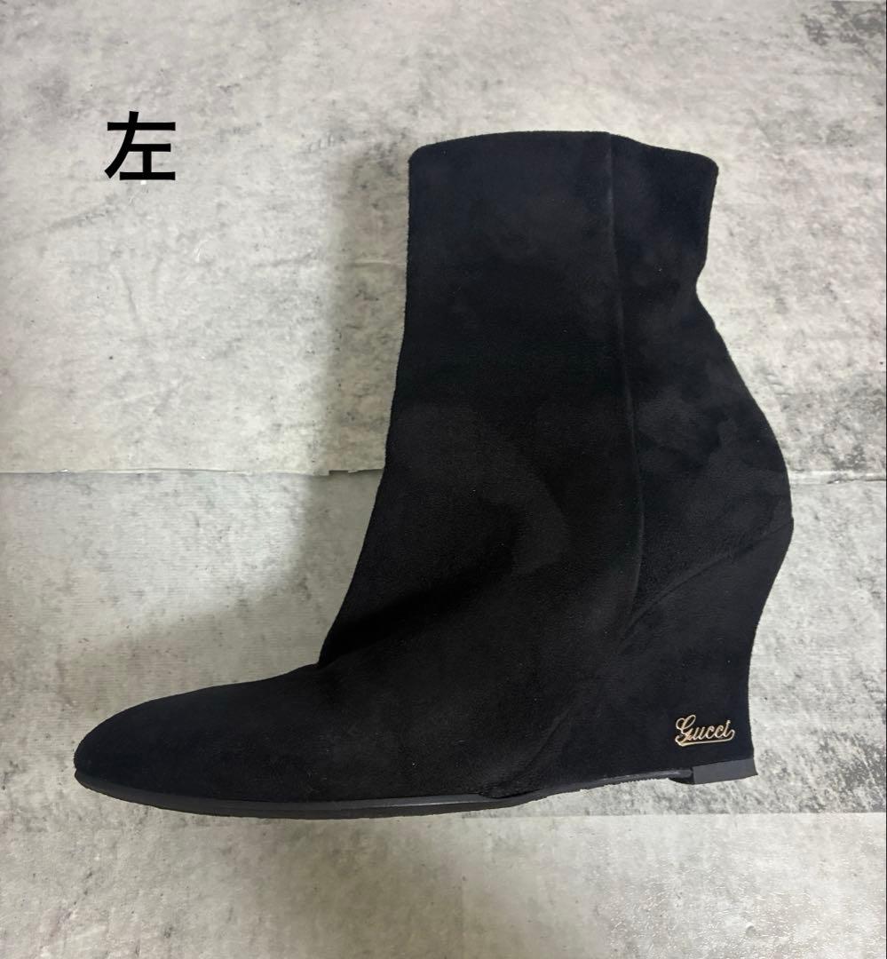 ロゴ入り★グッチ　ウェッジソール　スエード　ショートブーツ　ブラック　黒