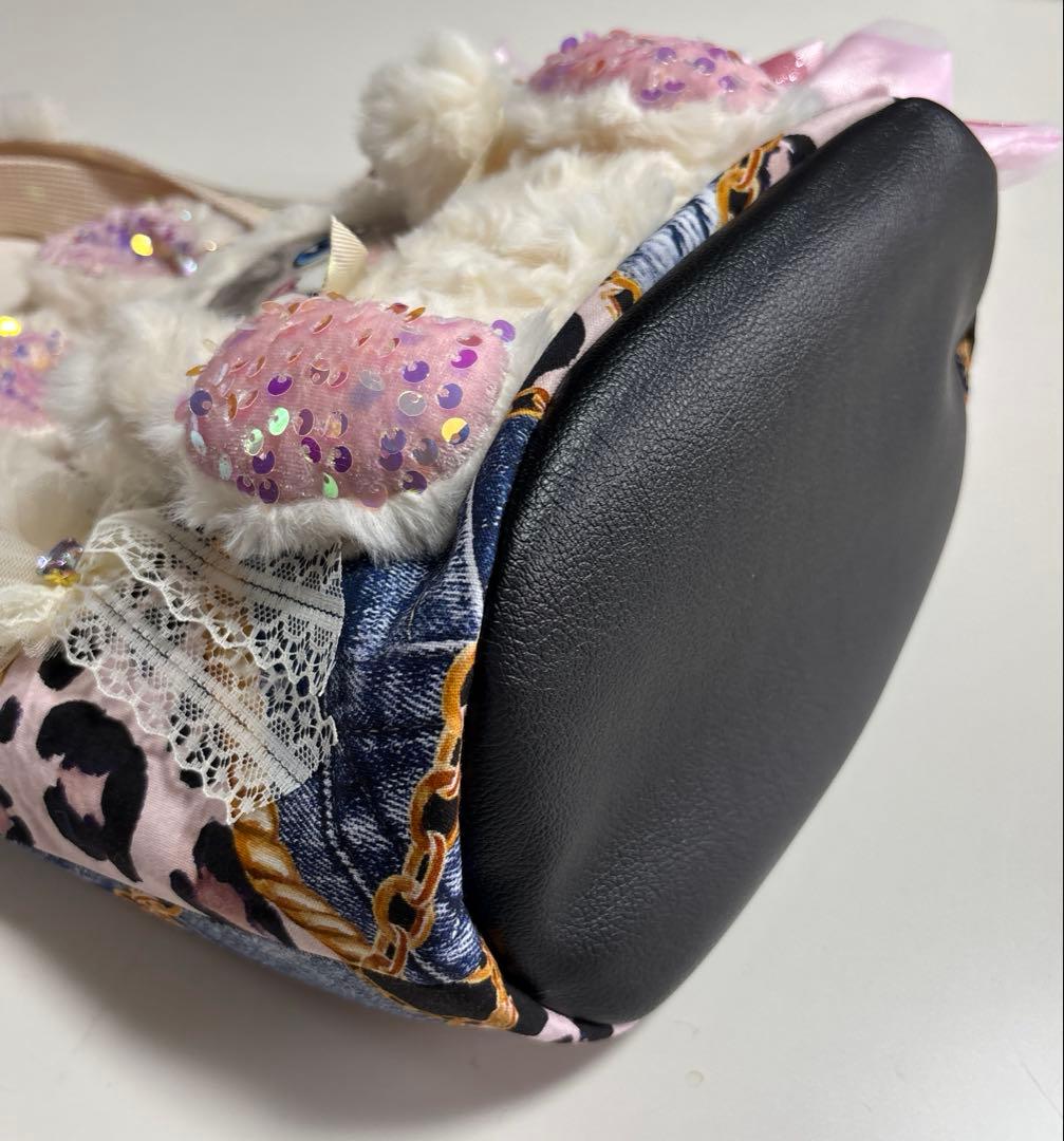 ト*助様 コヤンイサムチョン　ハンドメイド　丸底トートバッグ　デニムヒョウ柄　ル