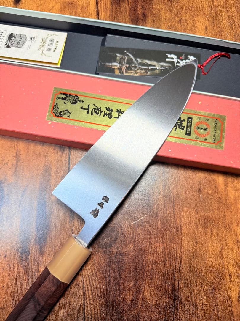 堺孝行　出刃　包丁　6.5寸　銀三鋼　紫檀水牛八角柄