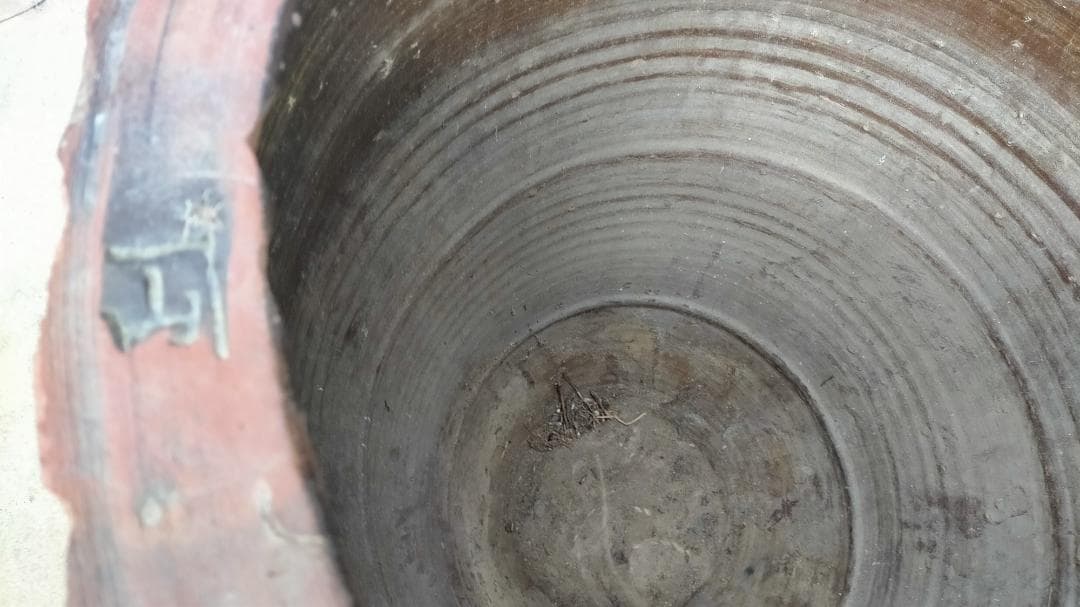 陶器製円筒形水鉢 グレー茶色 ◆【 旧家土蔵品 】 ◆《特大 壺 》◆