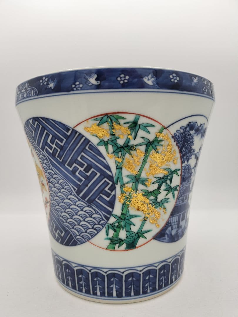 b618 水指 染付 色絵 丸紋ツナギ 四君子紋 西村徳泉 木箱 茶道具 古物