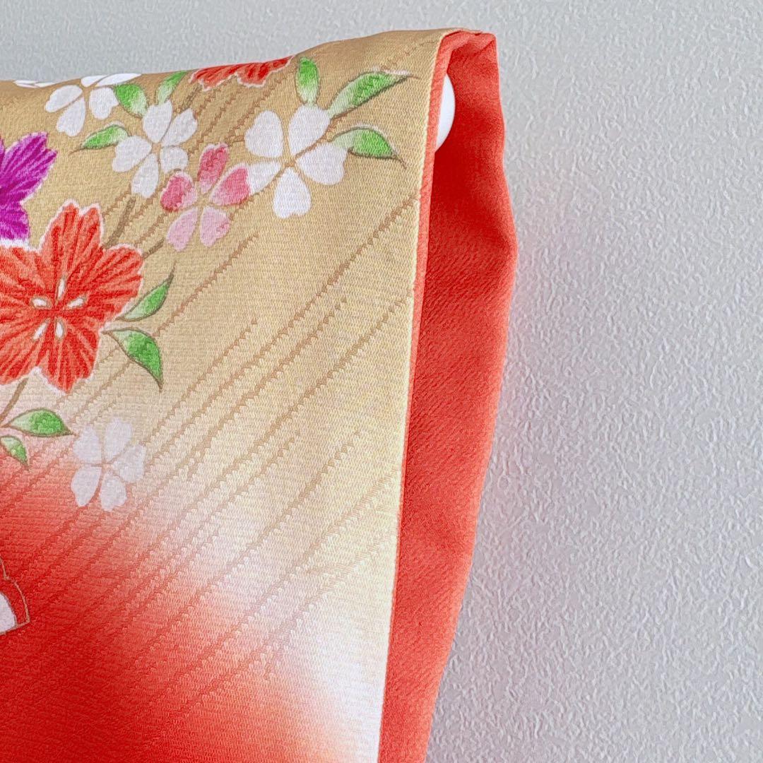 フルセット　七五三　７歳女の子　赤　桜蝶　未使用袋帯　緑地　簡単半衿　7093