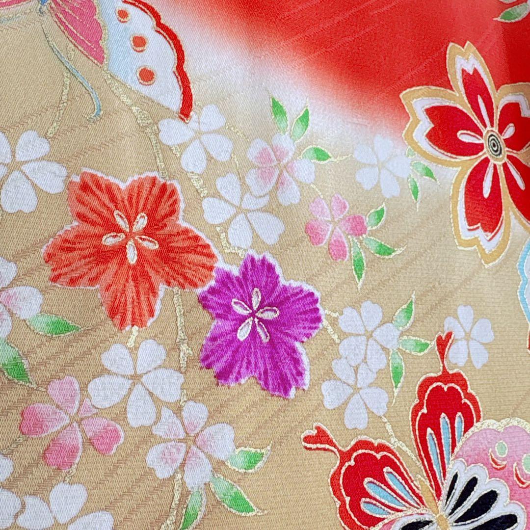 フルセット　七五三　７歳女の子　赤　桜蝶　未使用袋帯　緑地　簡単半衿　7093