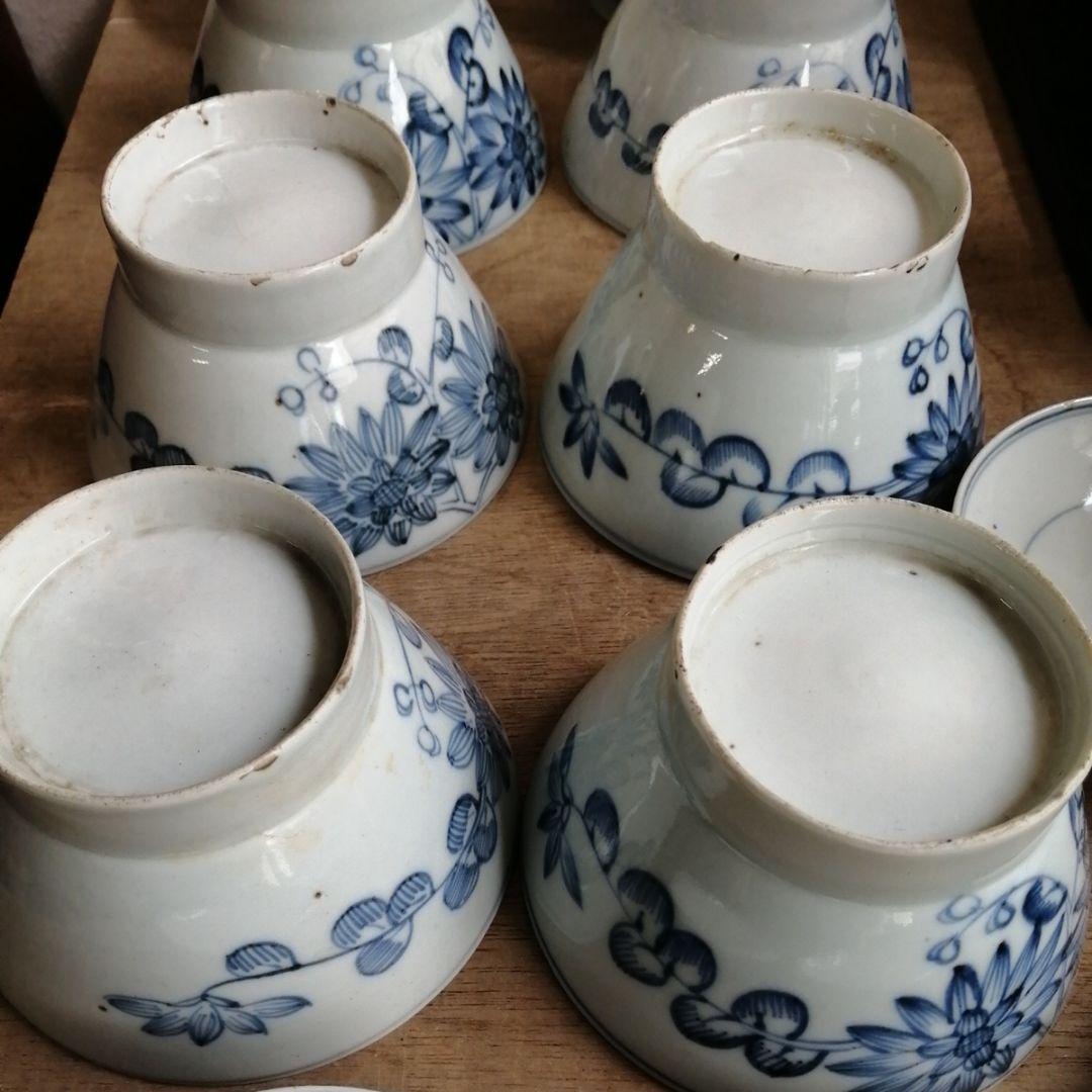 骨董　古伊万里　蓋茶碗　染め付け　茶碗　アンティーク　6客