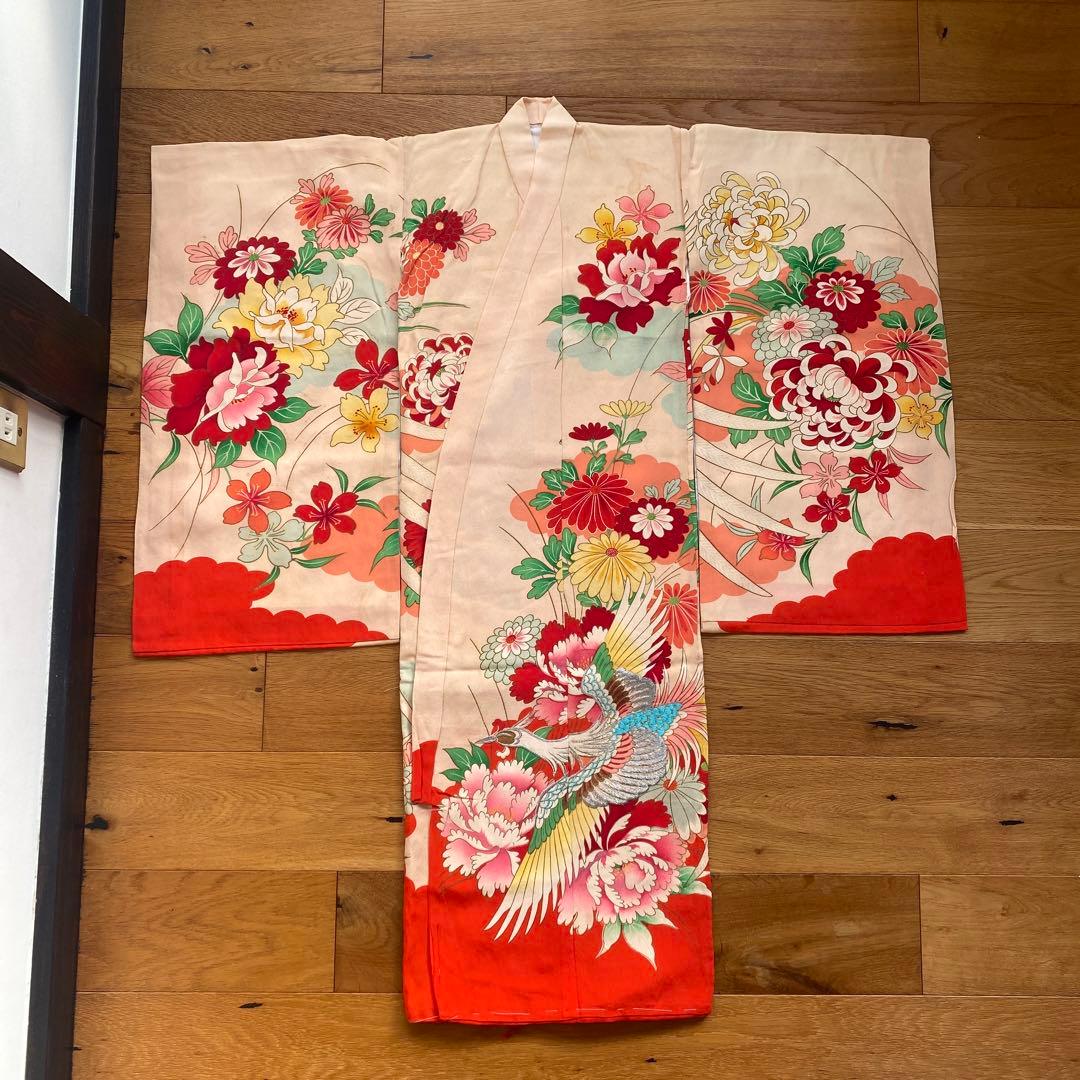 アンティーク　七五三　正月　子供用 花柄 鳳凰刺繍 着物