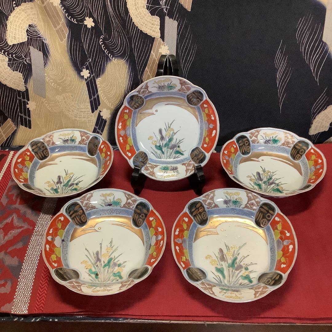 古伊万里　金彩色絵　絵皿　白鷺瓢箪　福紋　5客　江戸　李朝・大聖寺・九谷焼好きも