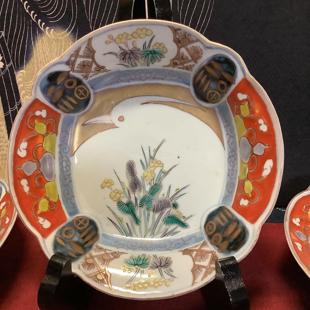 古伊万里　金彩色絵　絵皿　白鷺瓢箪　福紋　5客　江戸　李朝・大聖寺・九谷焼好きも