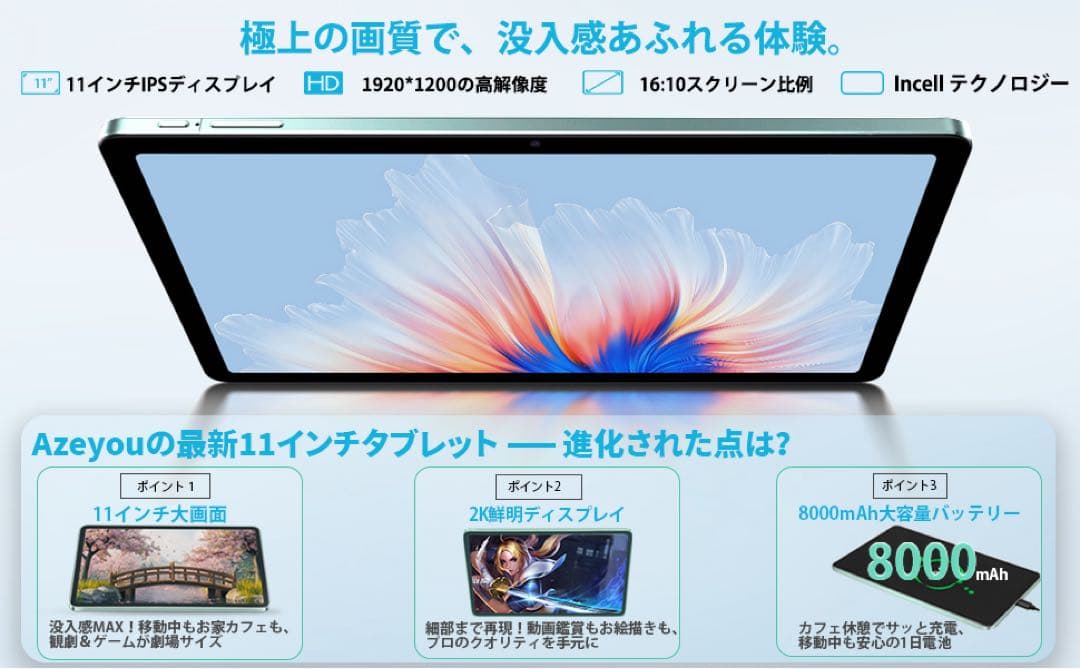 Android15 タブレット 11インチ Wi-Fi対応 18GB+128GB