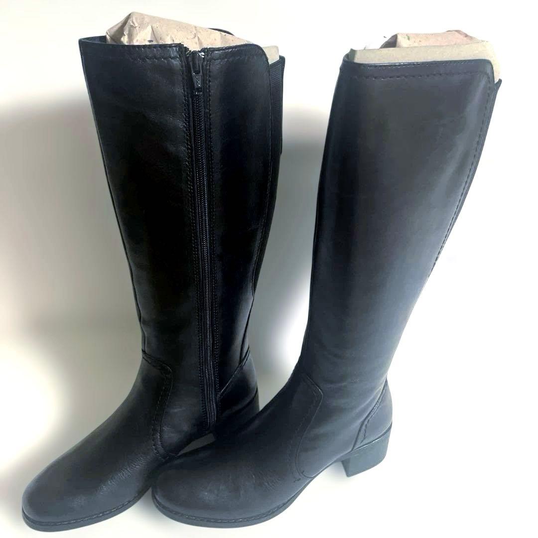 新品タグ付★MODE KAORI レザーバックゴアロングブーツブラック 24cm