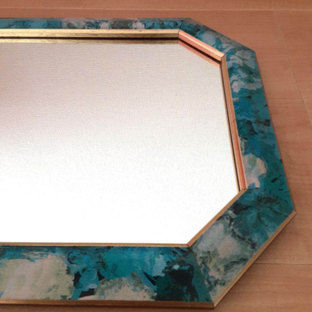 青と金の八角形壁掛け鏡　アンティーク